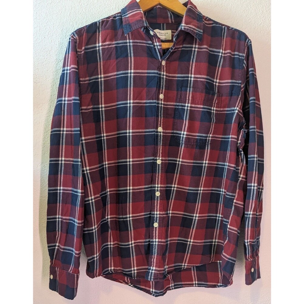 American Eagle Men's Size L Lare Red Plaid Long Sleeve Button Up (587m)